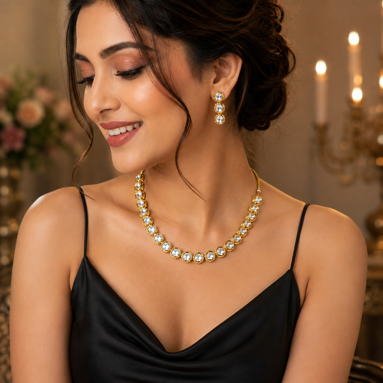 Gold Tone Crystal Necklace and Earrings Set with Round Stones