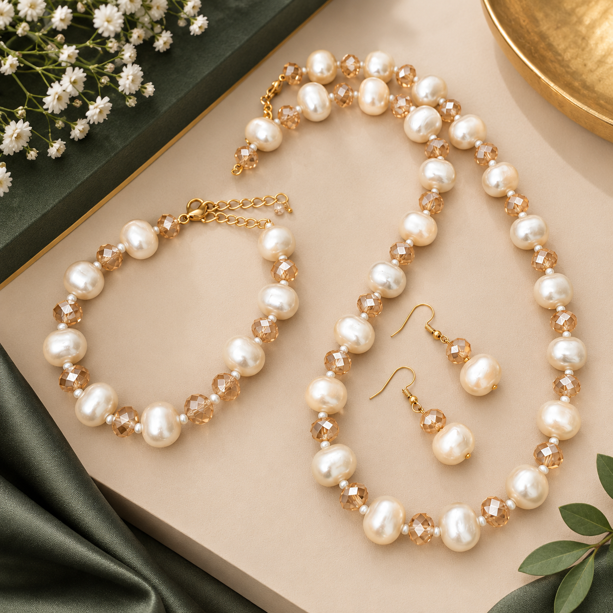 Pearl Necklace Bracelet and Earrings Jewellery Set