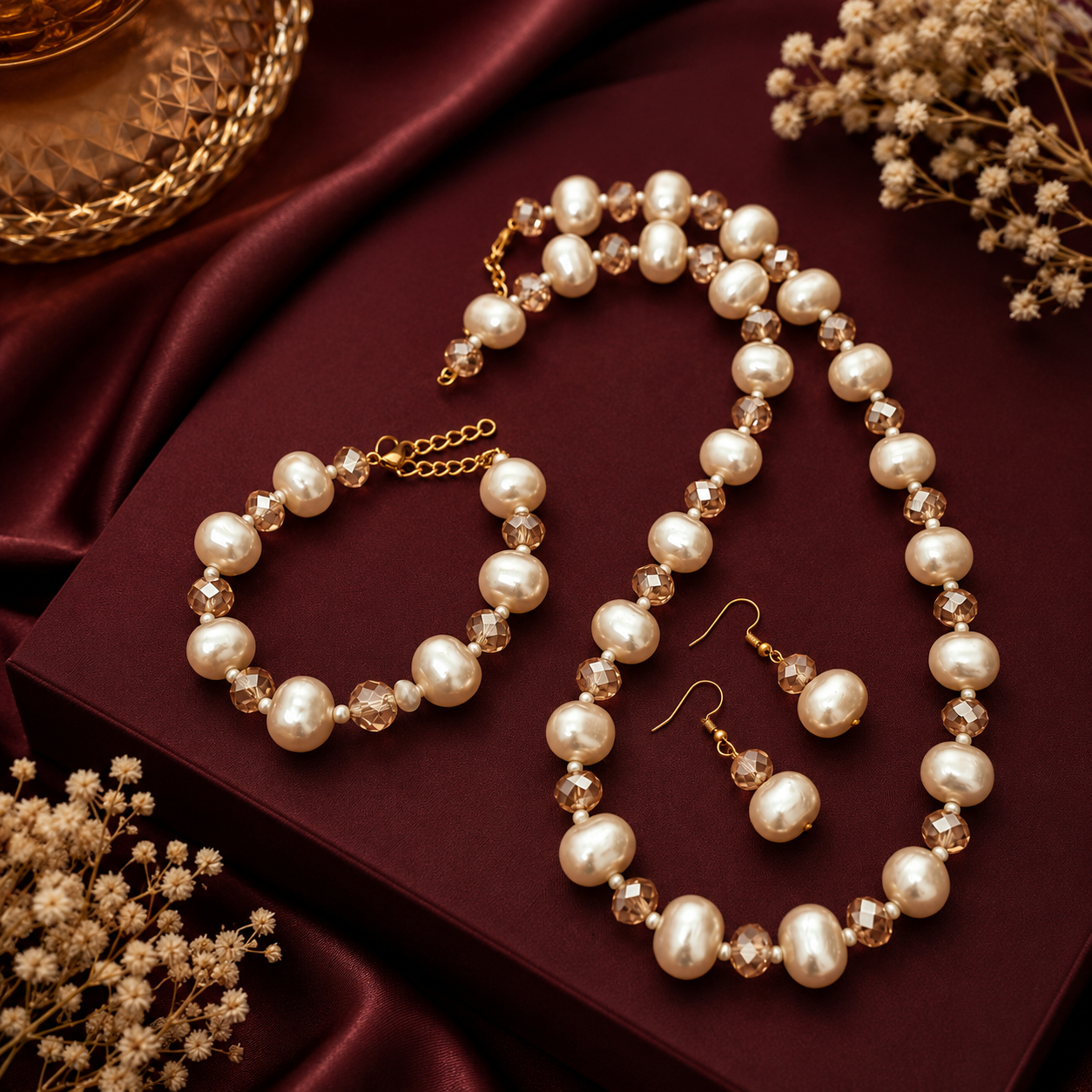 Pearl Necklace Bracelet and Earrings Jewellery Set
