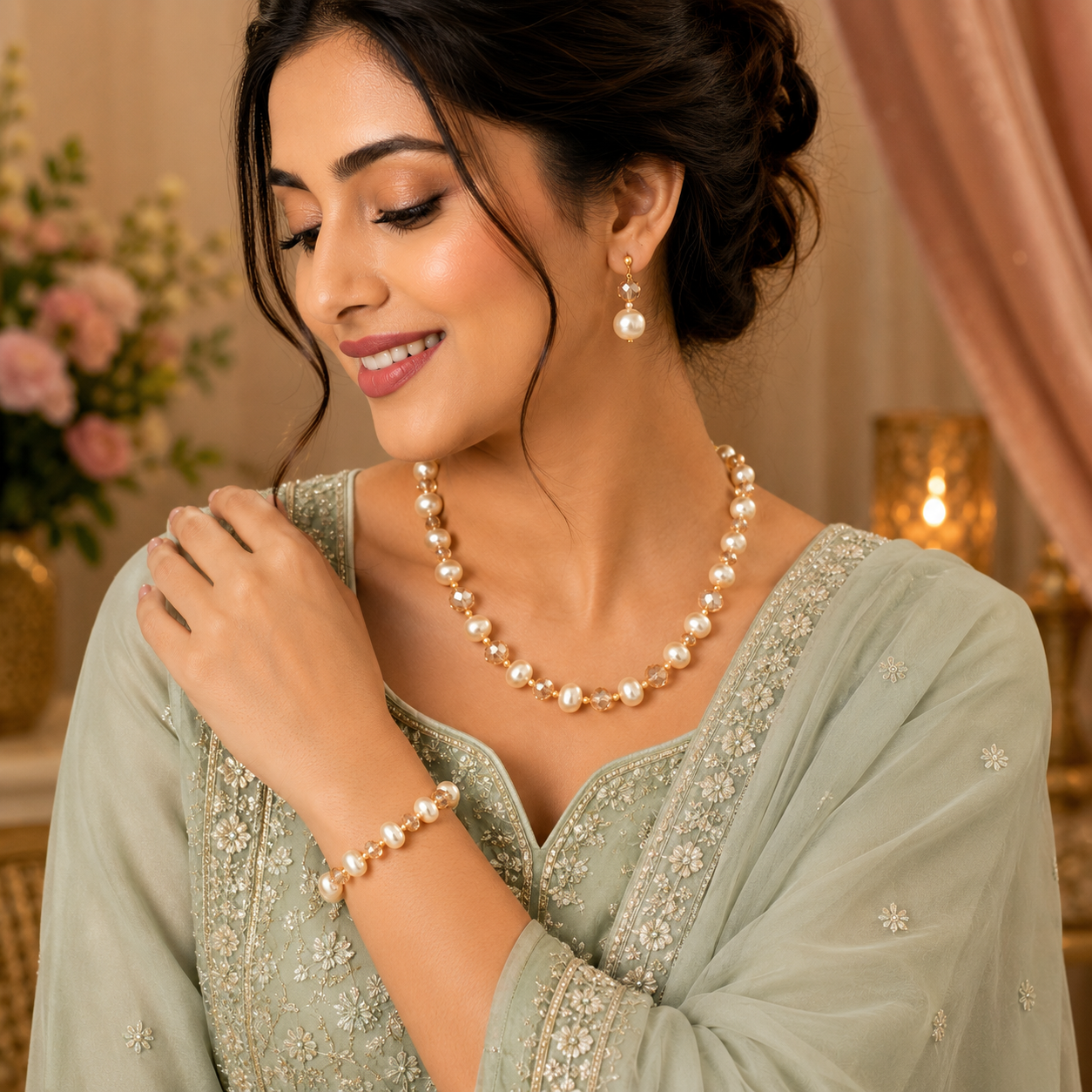 Pearl Necklace Bracelet and Earrings Jewellery Set