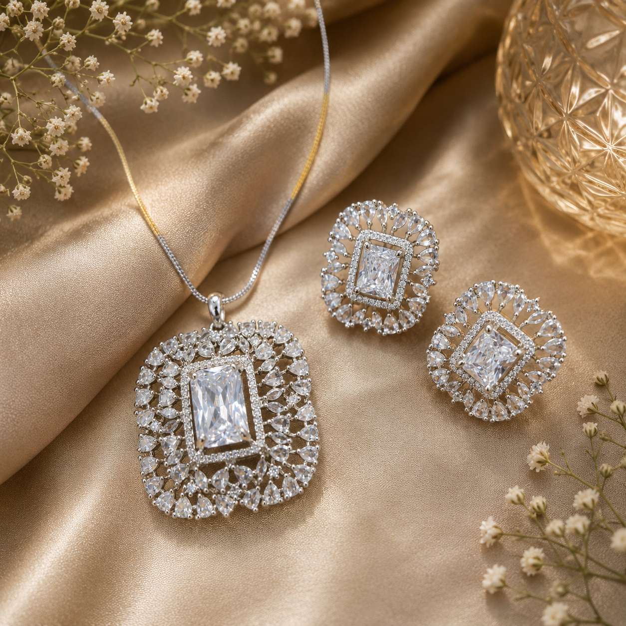 Silver Tone Stone Necklace and Stud Earrings Set