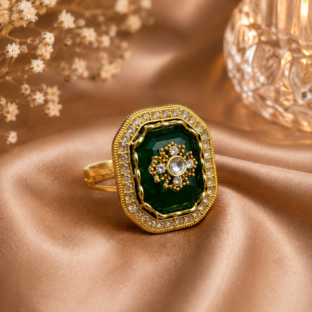 Emerald Green Octagon Crystal Statement Ring