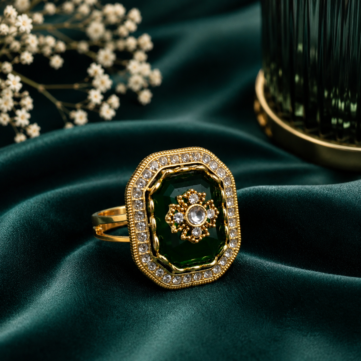 Emerald Green Octagon Crystal Statement Ring