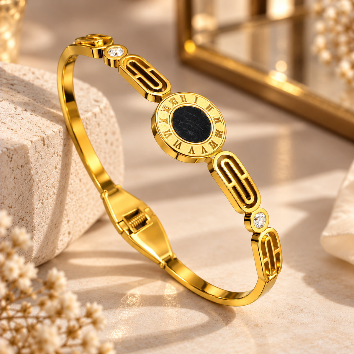 Roman Black Stone Gold Link Bracelet