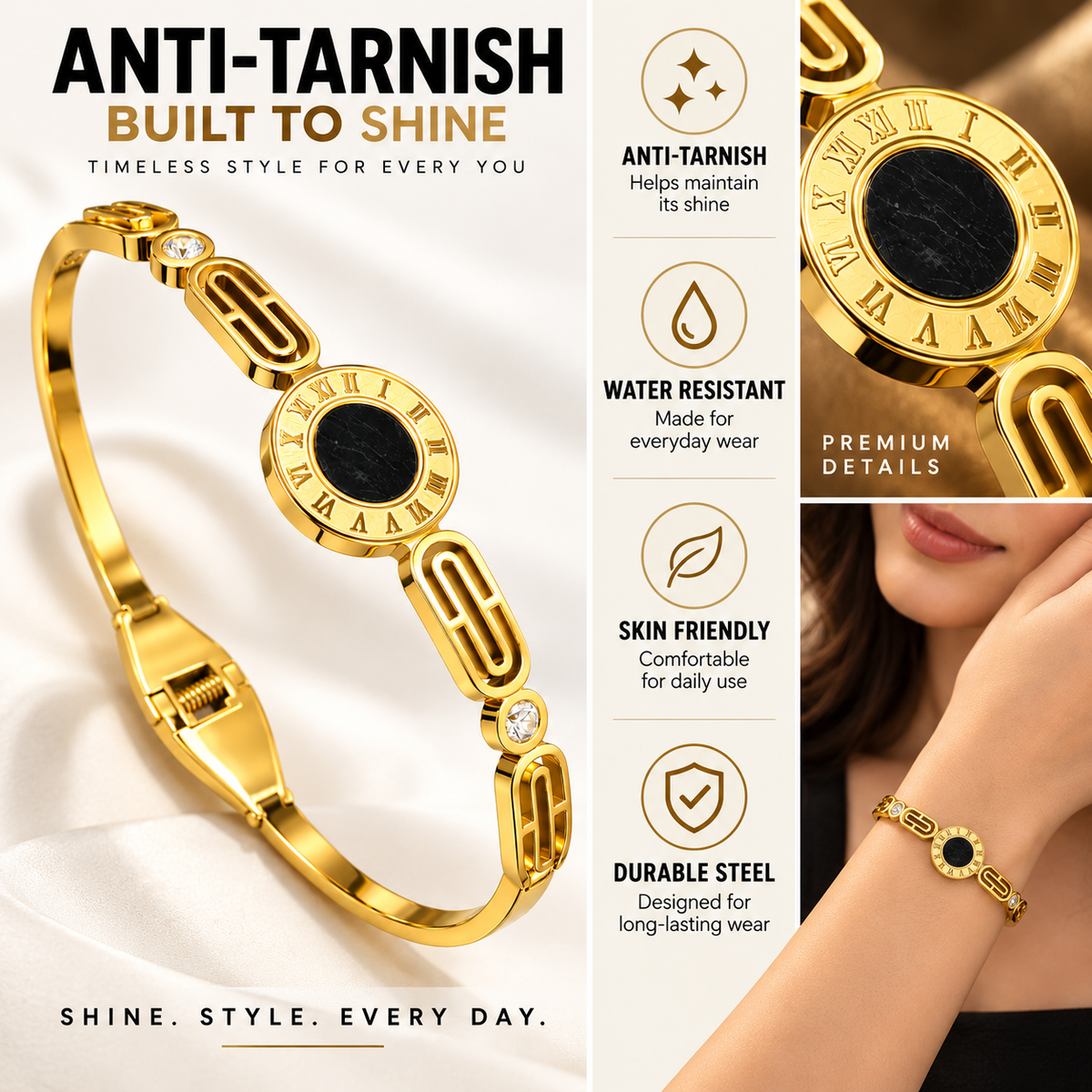 Roman Black Stone Gold Link Bracelet