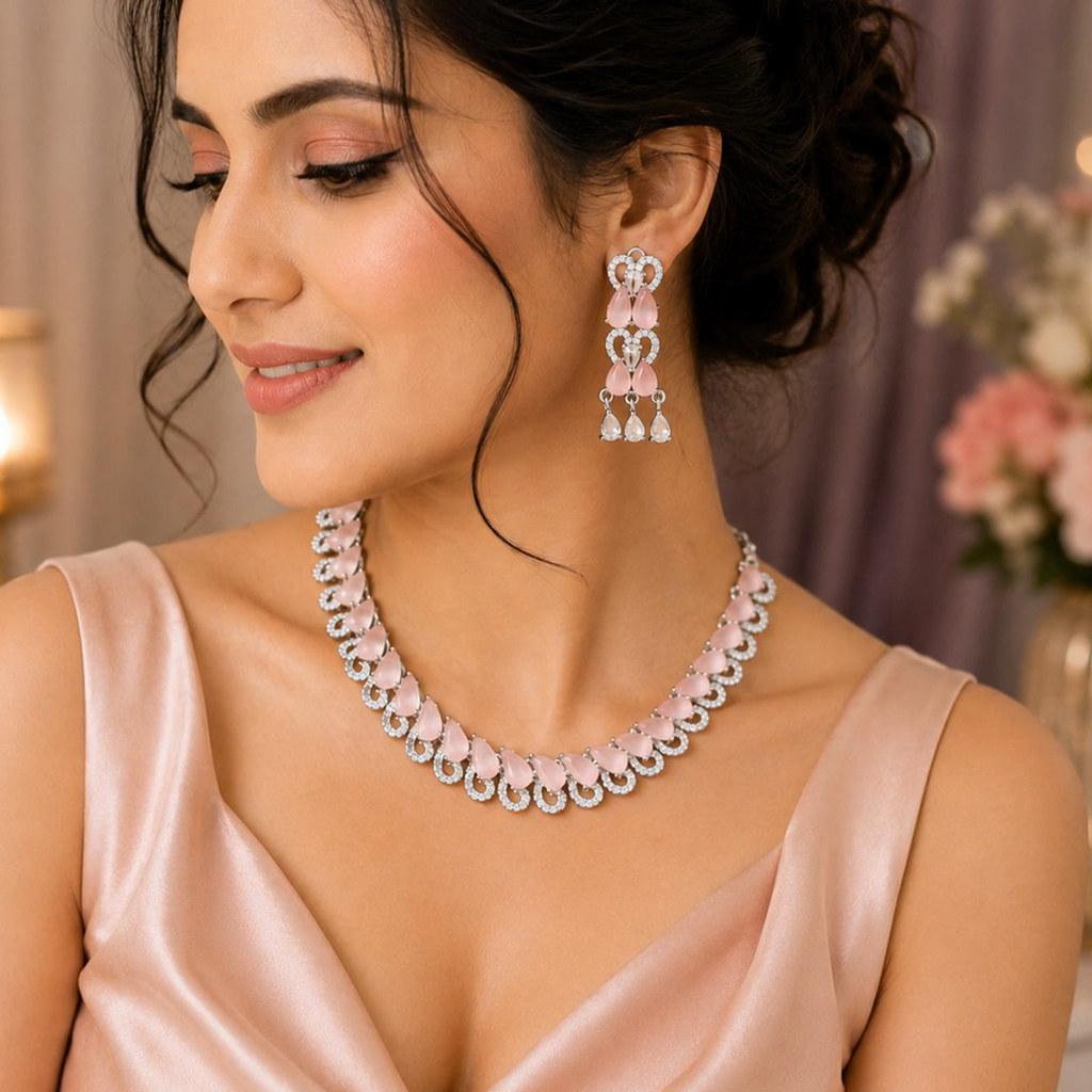 Silver Tone Pink Stone Necklace and Drop Earrings Set
