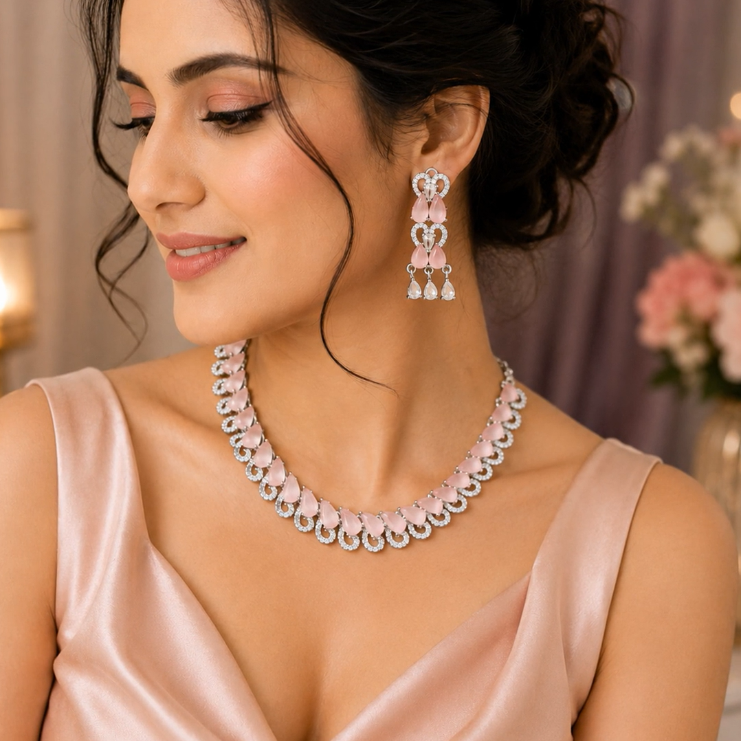 Silver Tone Pink Stone Necklace and Drop Earrings Set