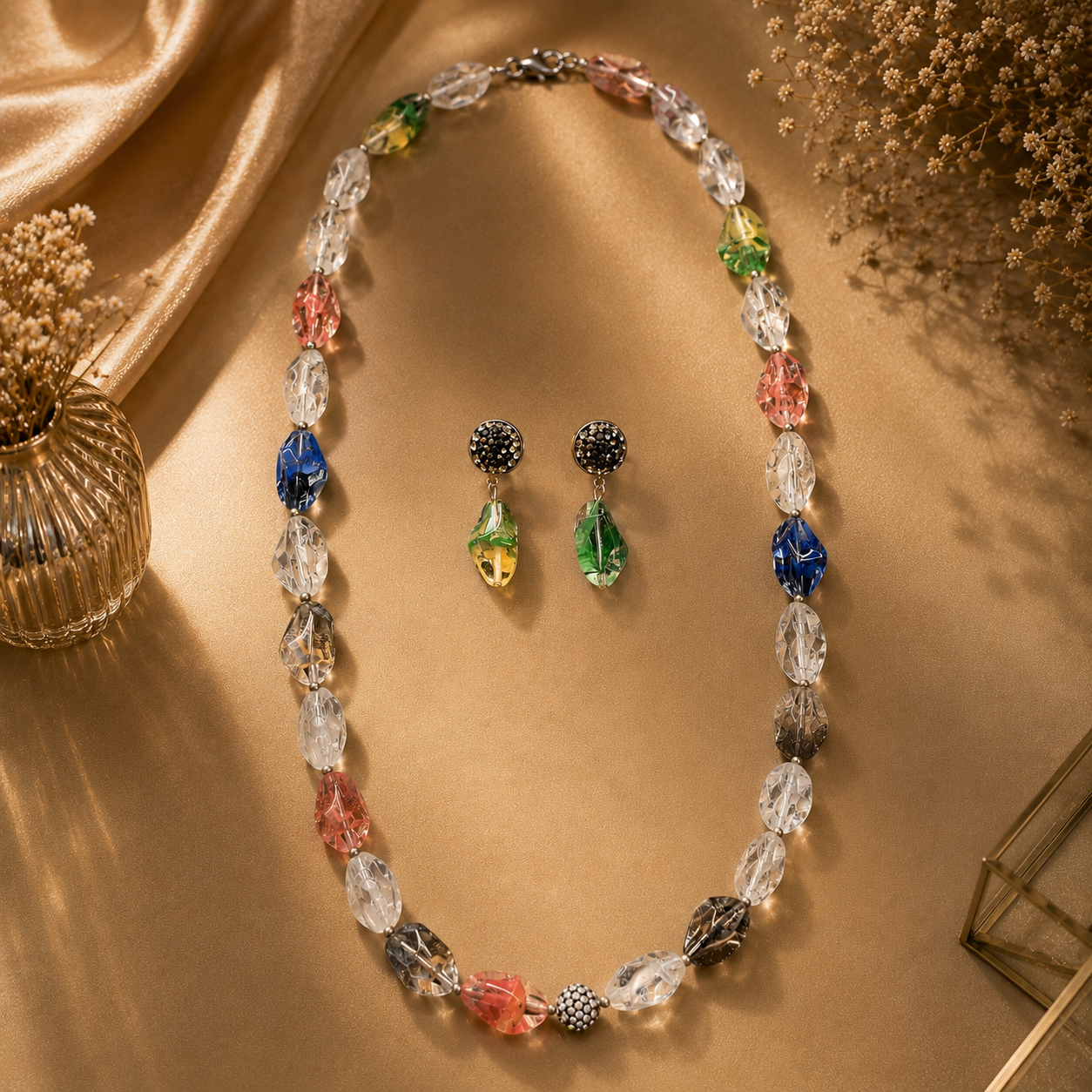 Multicolour Crystal Bead Necklace and Earrings Set