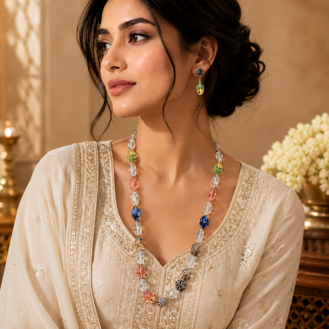 Multicolour Crystal Bead Necklace and Earrings Set