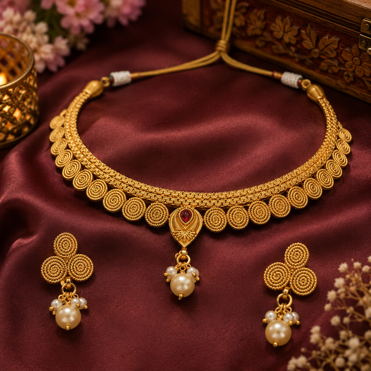 Traditional Gold Tone Choker Necklace Set with Pearl Drop Earrings