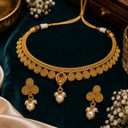 Traditional Gold Tone Choker Necklace Set with Pearl Drop Earrings