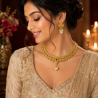 Traditional Gold Tone Choker Necklace Set with Pearl Drop Earrings