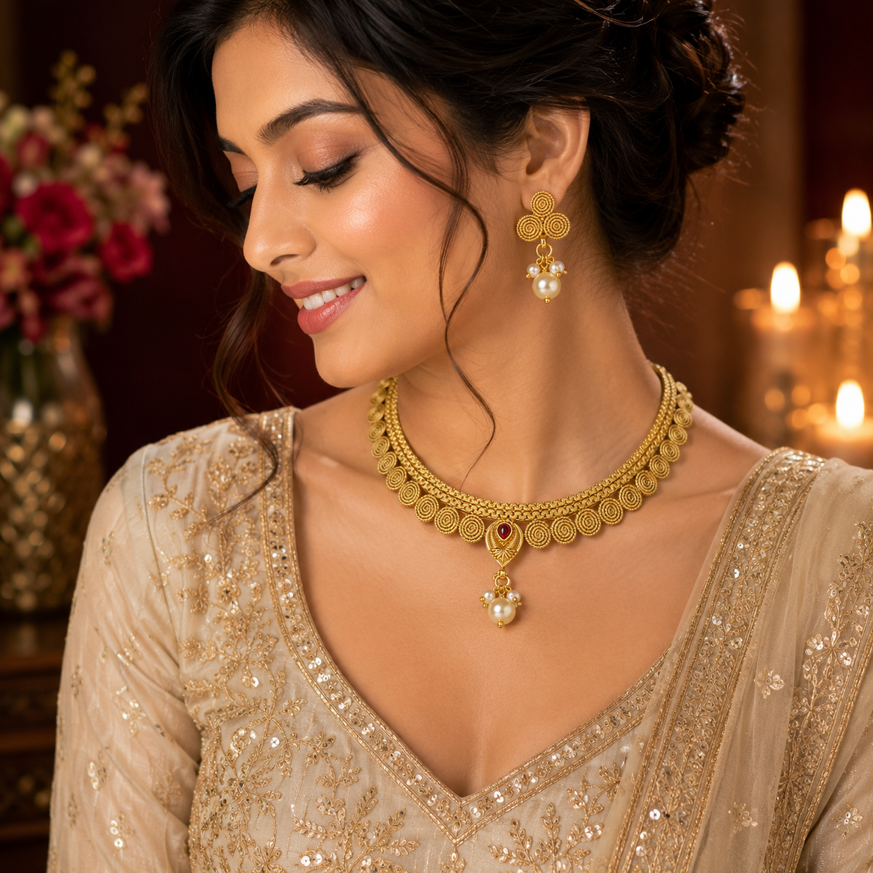 Traditional Gold Tone Choker Necklace Set with Pearl Drop Earrings