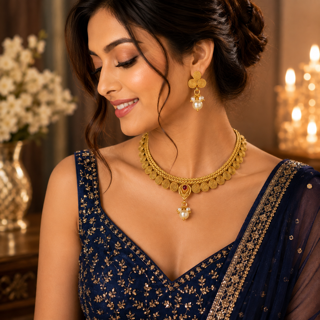 Traditional Gold Tone Choker Necklace Set with Pearl Drop Earrings