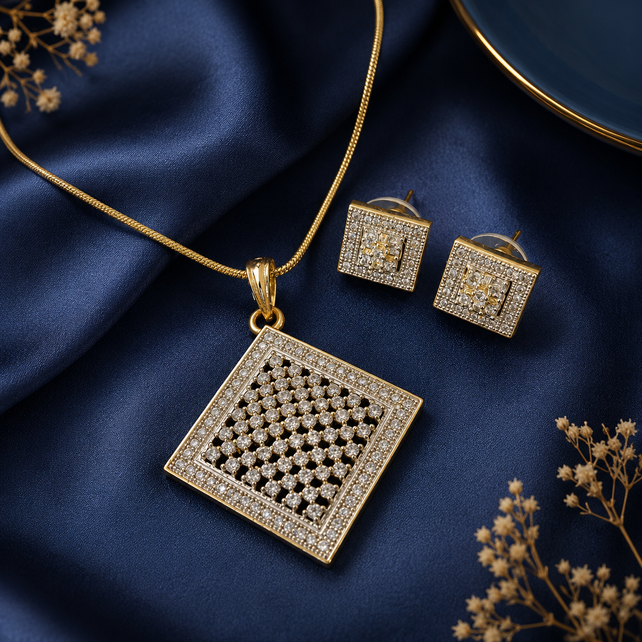 Square Crystal Pendant Necklace and Earrings Set