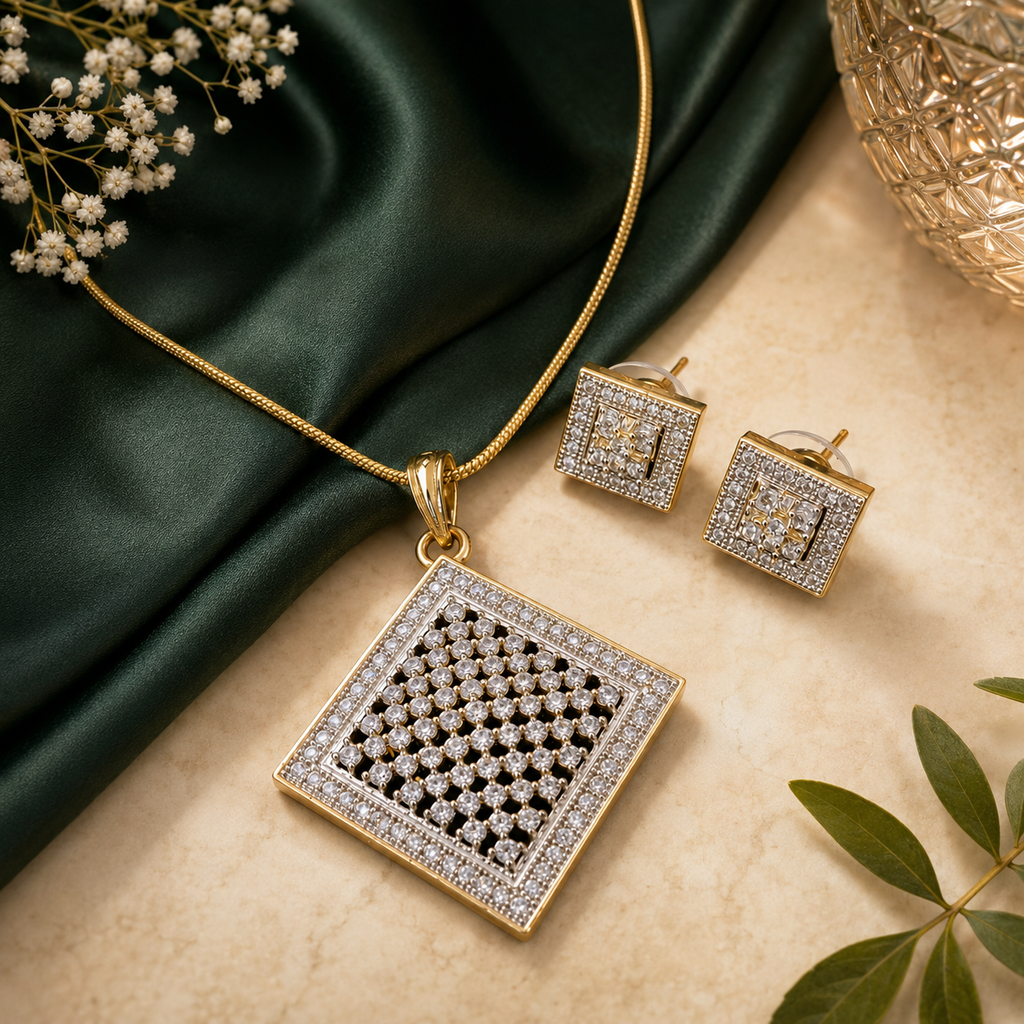 Square Crystal Pendant Necklace and Earrings Set