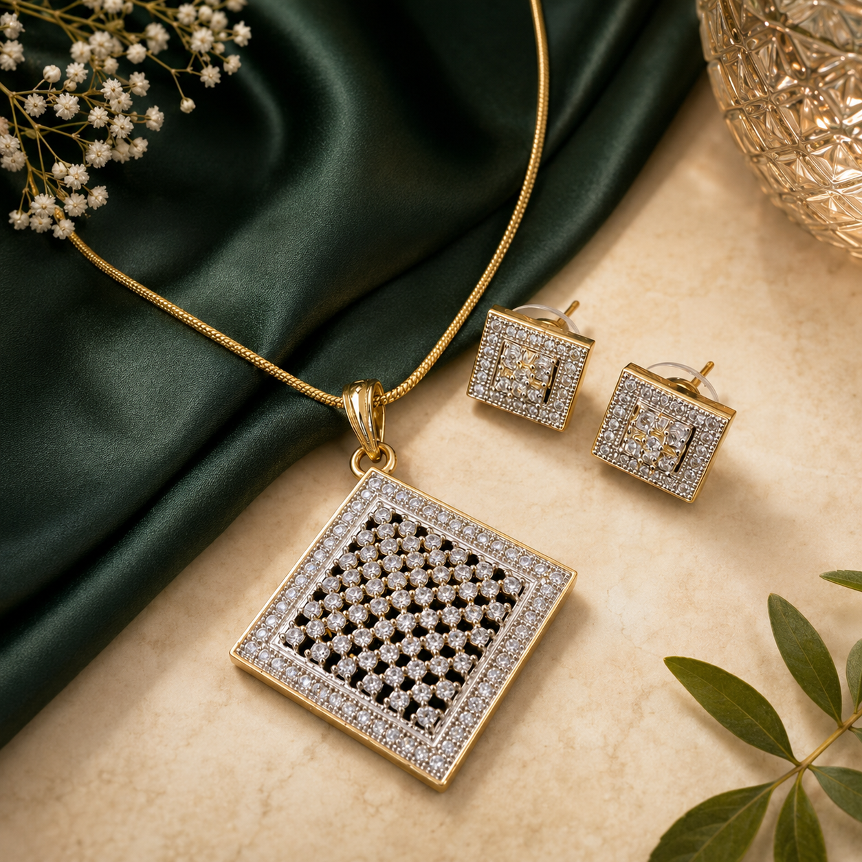 Square Crystal Pendant Necklace and Earrings Set