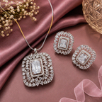Silver Tone Stone Necklace and Stud Earrings Set