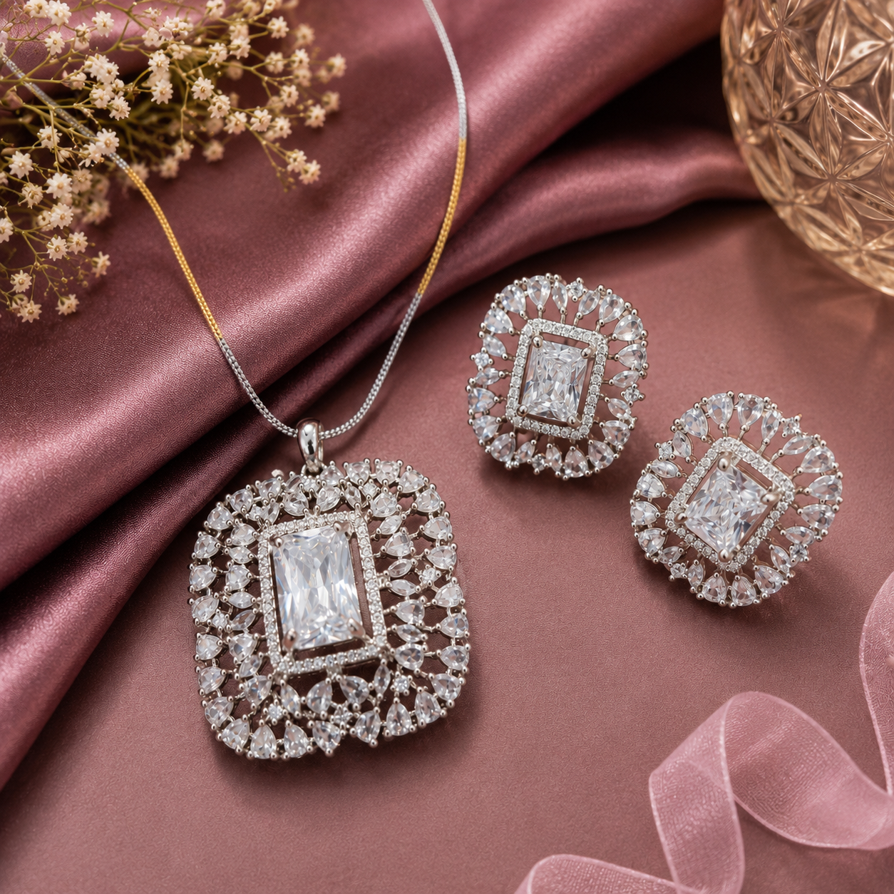 Silver Tone Stone Necklace and Stud Earrings Set