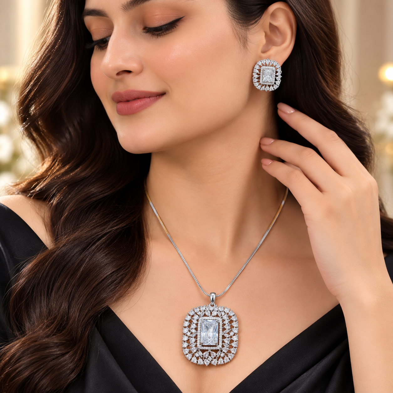 Silver Tone Stone Necklace and Stud Earrings Set