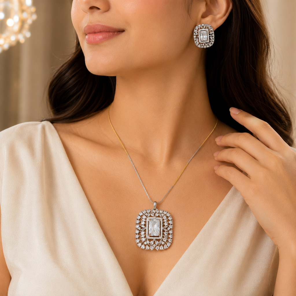 Silver Tone Stone Necklace and Stud Earrings Set