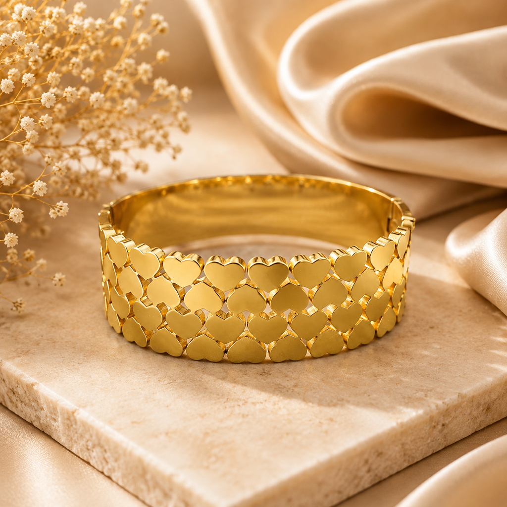 Encliff Gold Heart Link Wide Cuff Bracelet