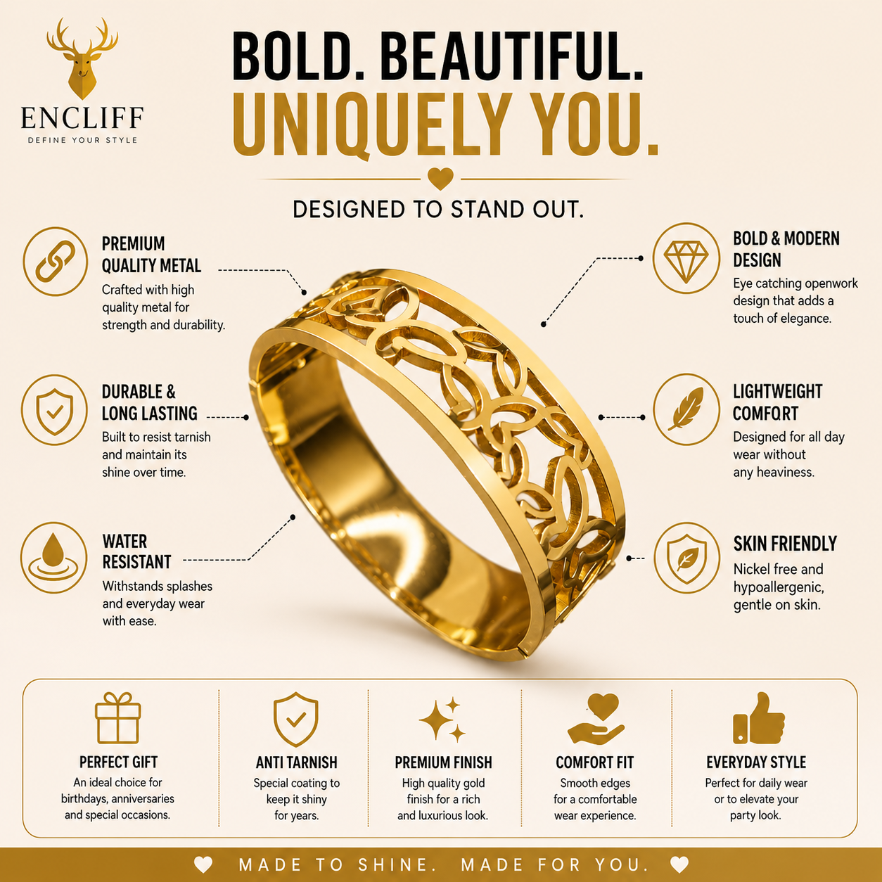 Floral Cutout Gold Cuff Bracelet