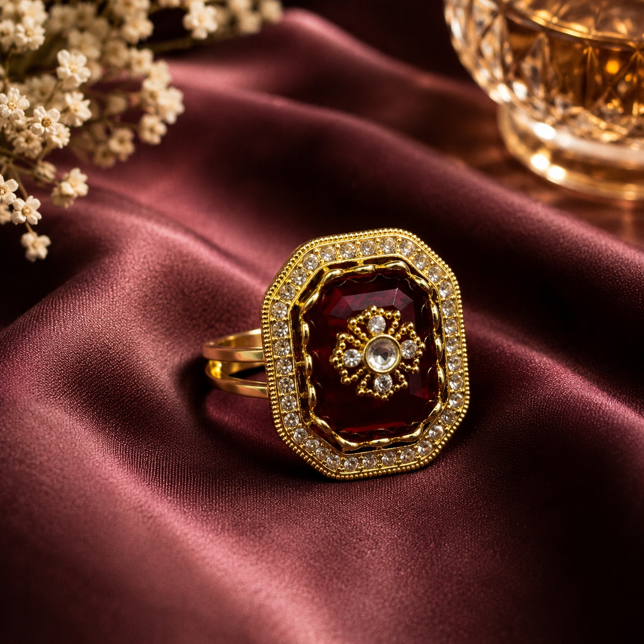Encliff Ruby Red Gold Crystal Statement Ring