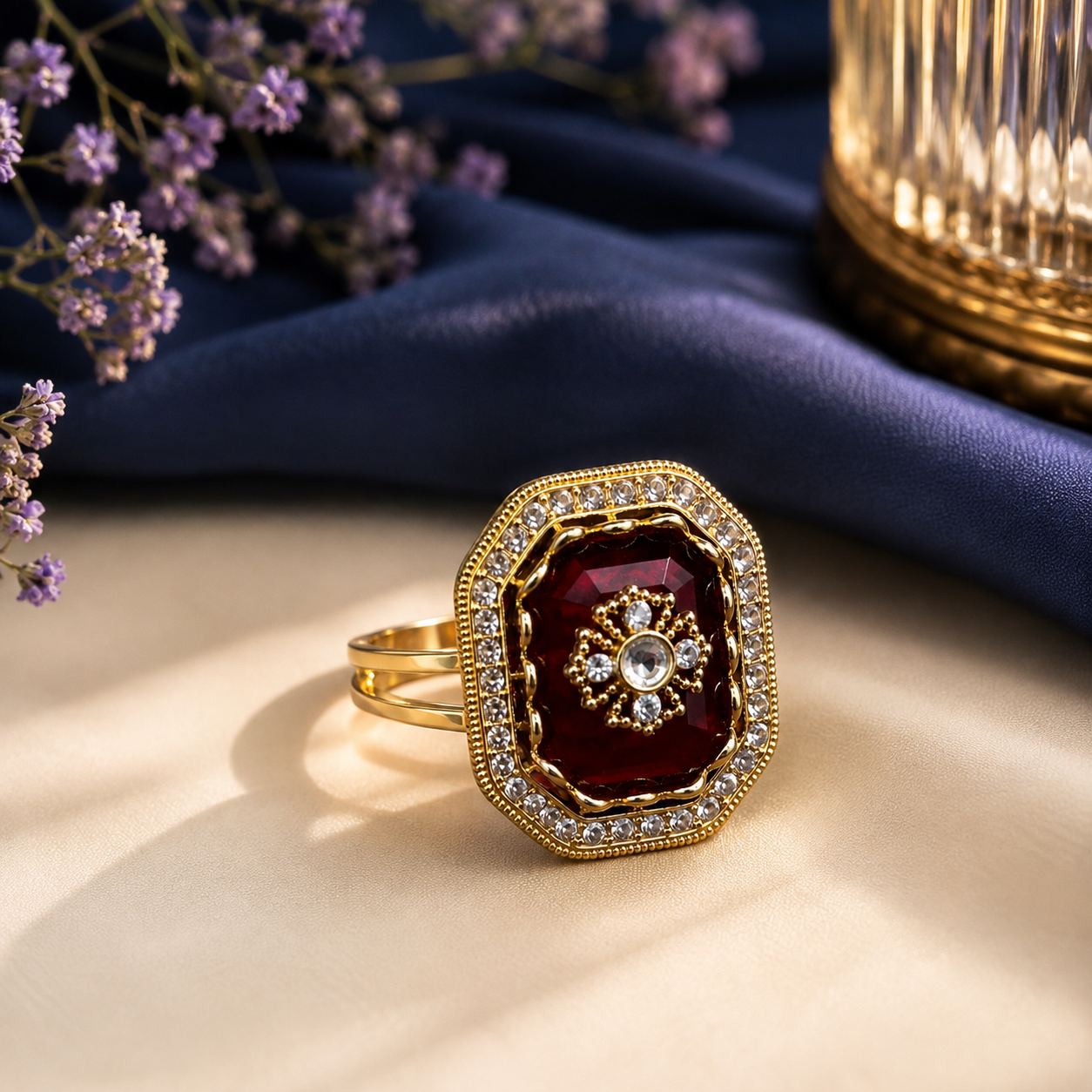 Ruby Red Gold Octagon Crystal Statement Ring