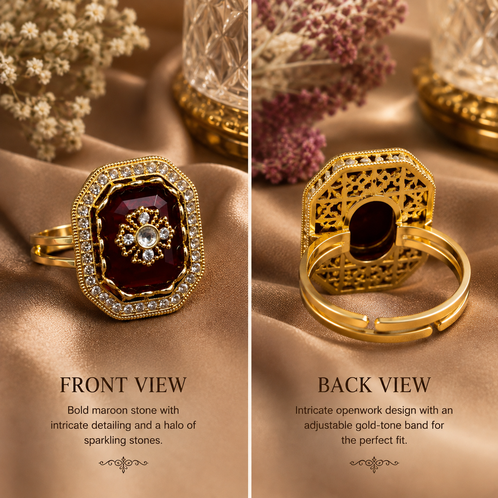 Ruby Red Gold Octagon Crystal Statement Ring