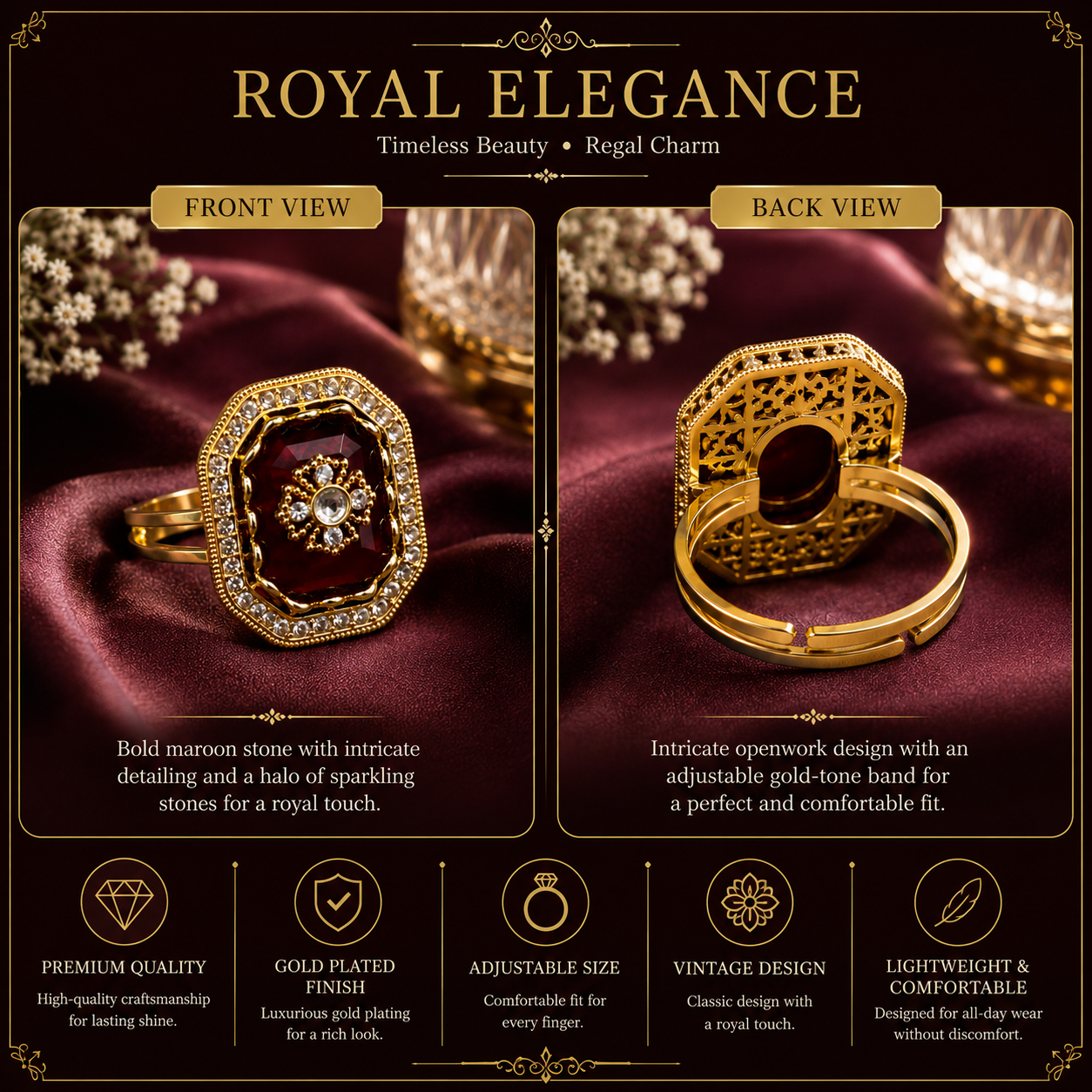 Ruby Red Gold Octagon Crystal Statement Ring