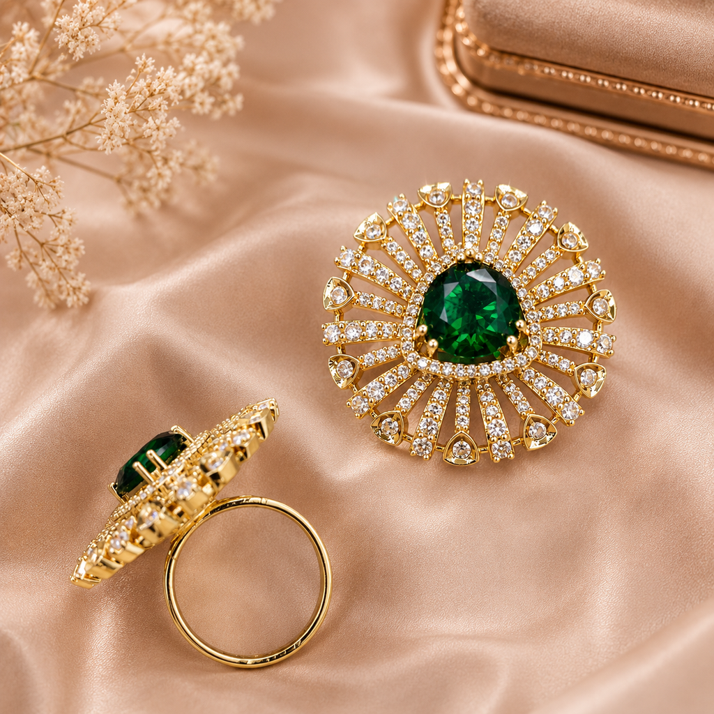 Emerald Green Sunburst Crystal Statement Ring