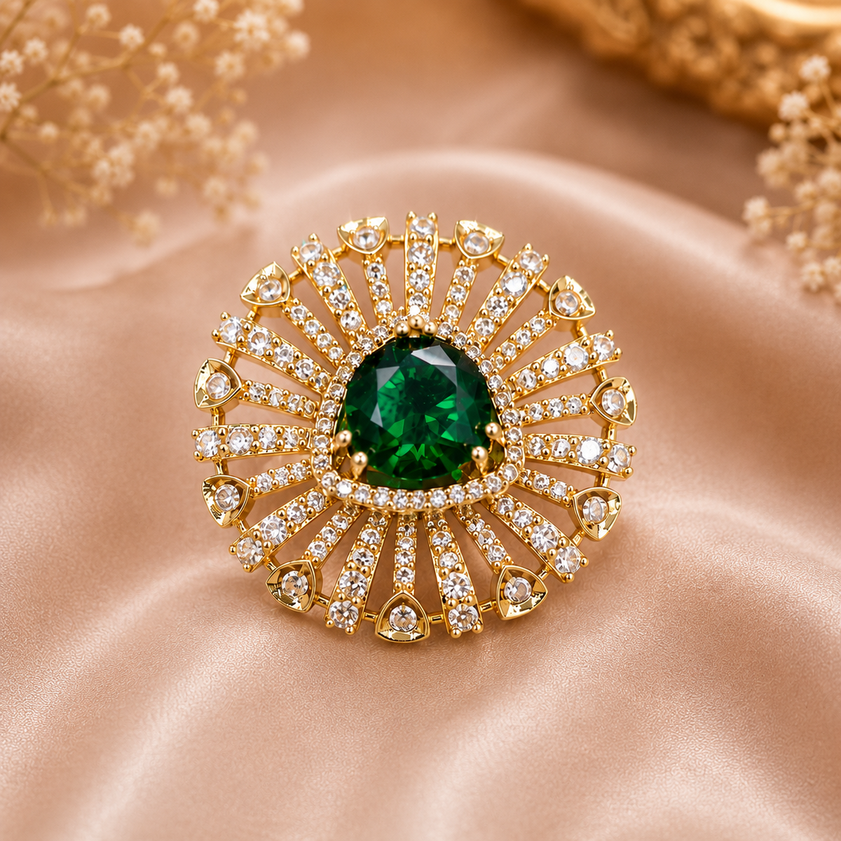 Encliff Emerald Green Sunburst Crystal Statement Ring