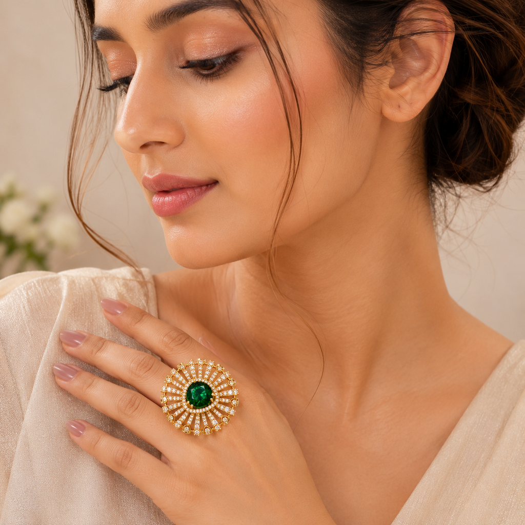 Emerald Green Sunburst Crystal Statement Ring
