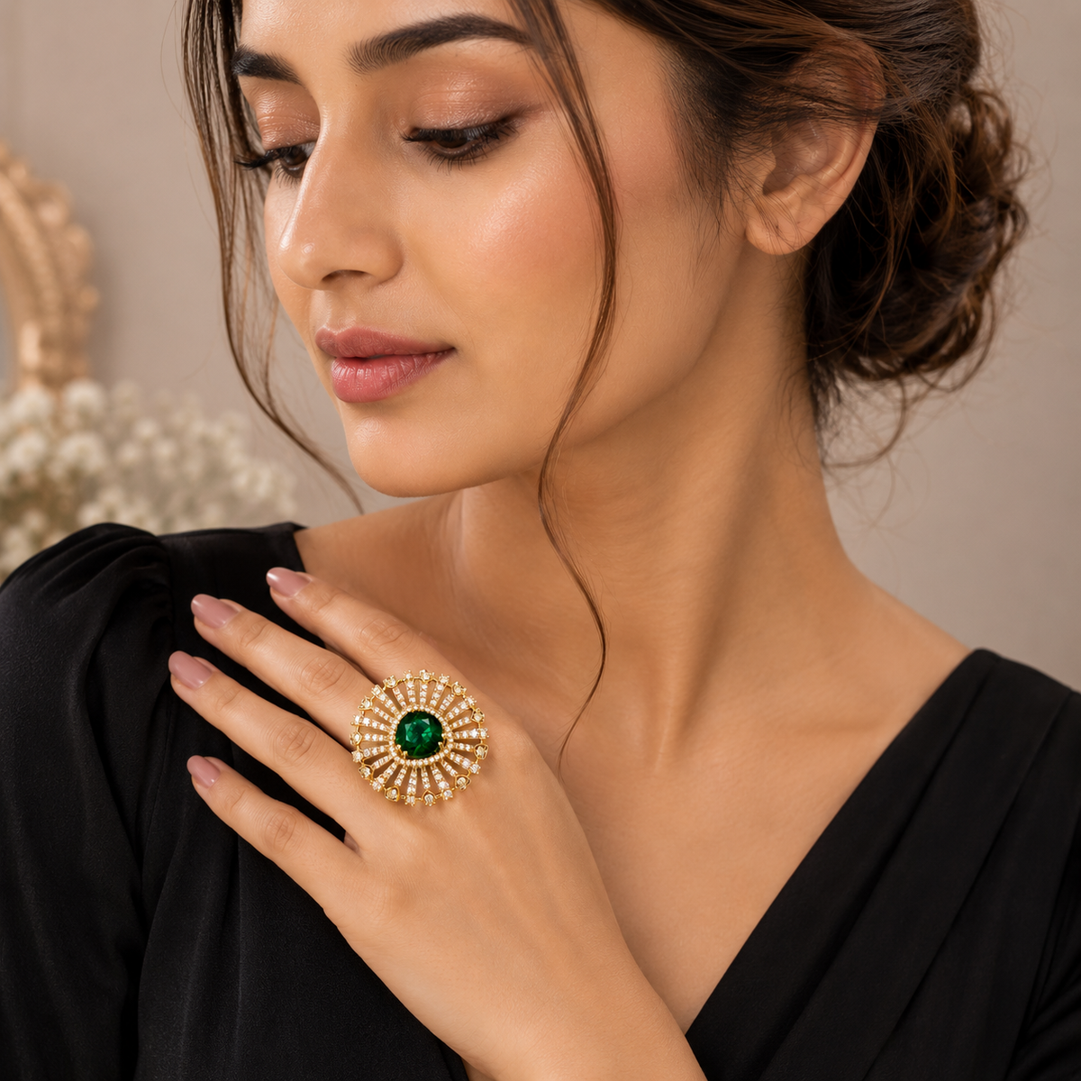 Emerald Green Sunburst Crystal Statement Ring