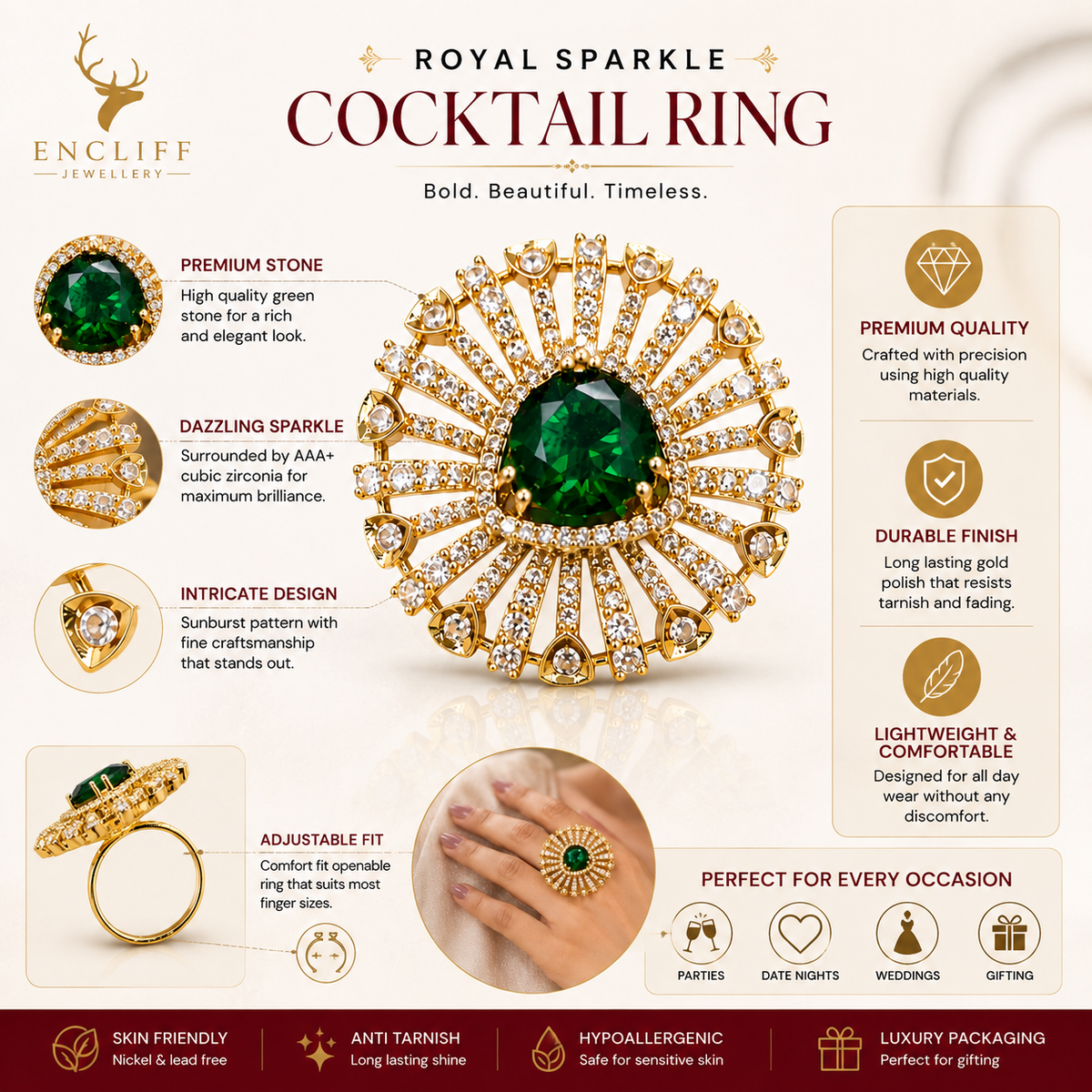 Emerald Green Sunburst Crystal Statement Ring