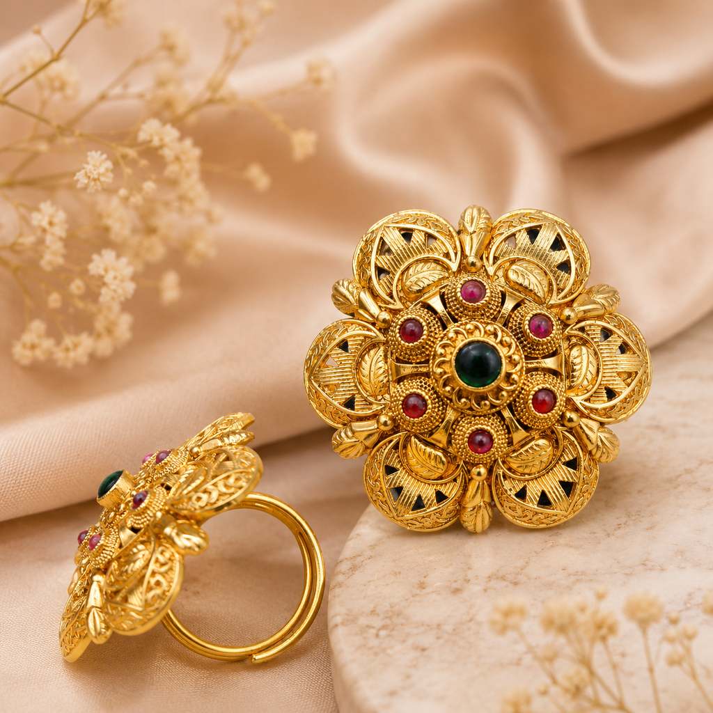 Emerald Ruby Floral Statement Ring