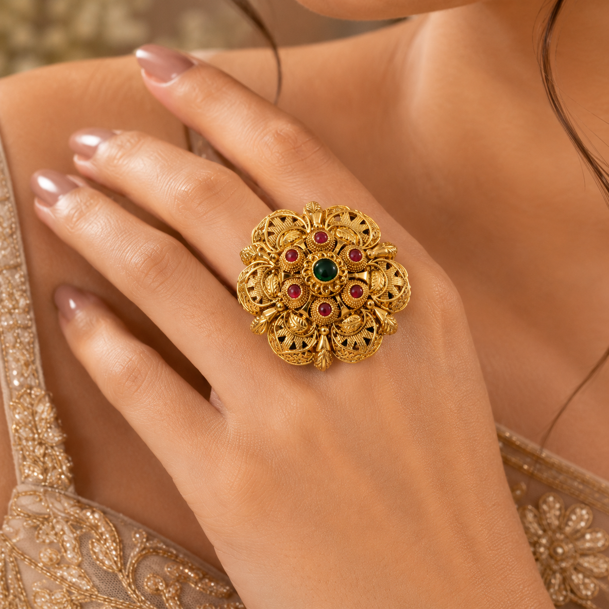 Emerald Ruby Floral Statement Ring
