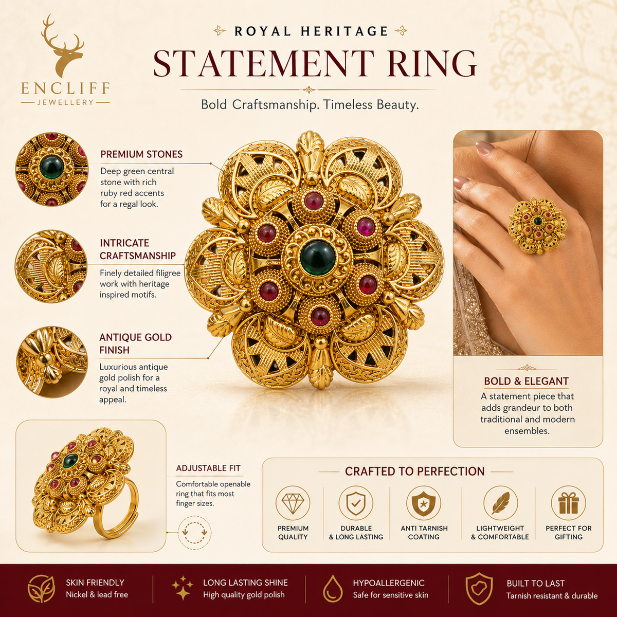 Emerald Ruby Floral Statement Ring