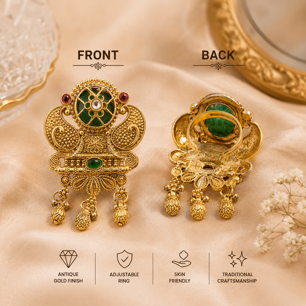 Emerald Ruby Ornate Statement Ring