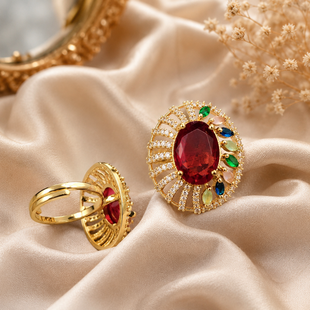 Ruby Multicolor Gemstone Halo Statement Ring