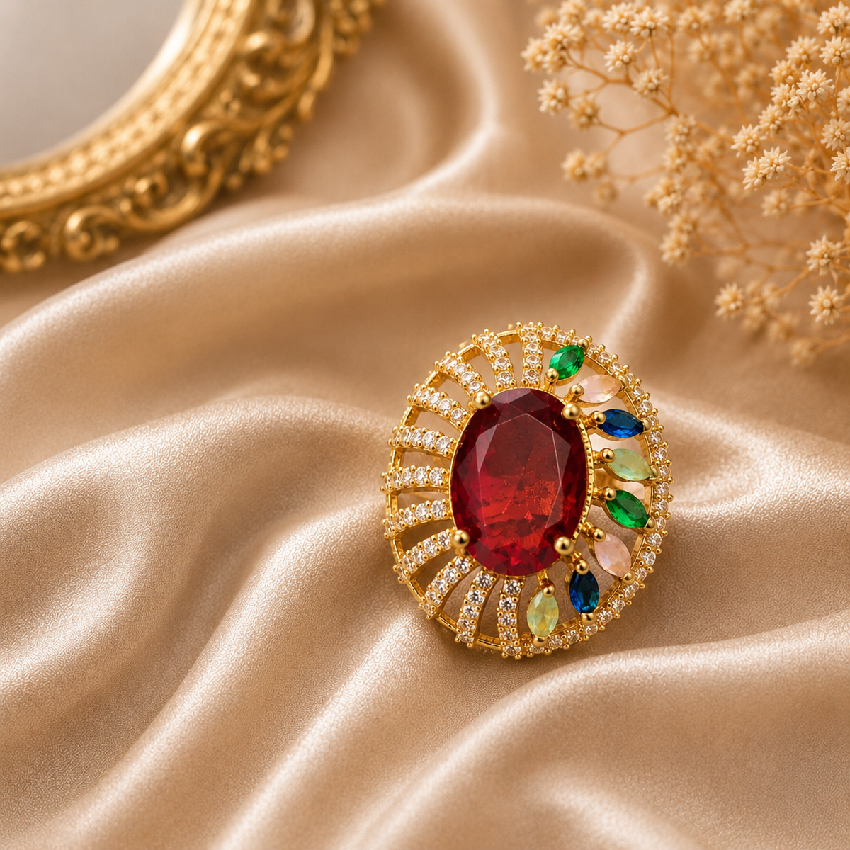 Encliff Ruby Multicolor Gemstone Halo Statement Ring