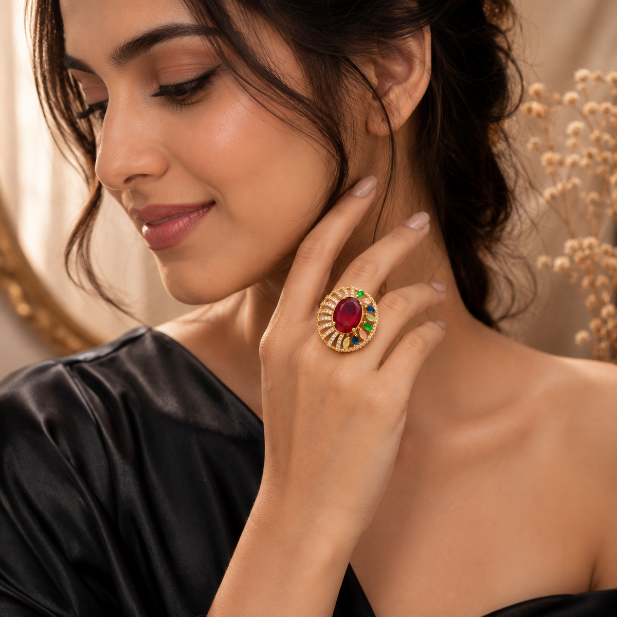 Ruby Multicolor Gemstone Halo Statement Ring