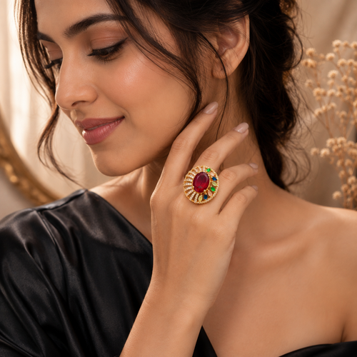Ruby Multicolor Gemstone Halo Statement Ring