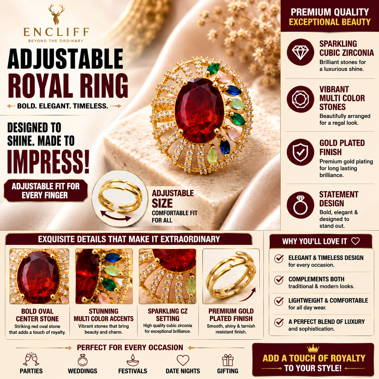 Ruby Multicolor Gemstone Halo Statement Ring