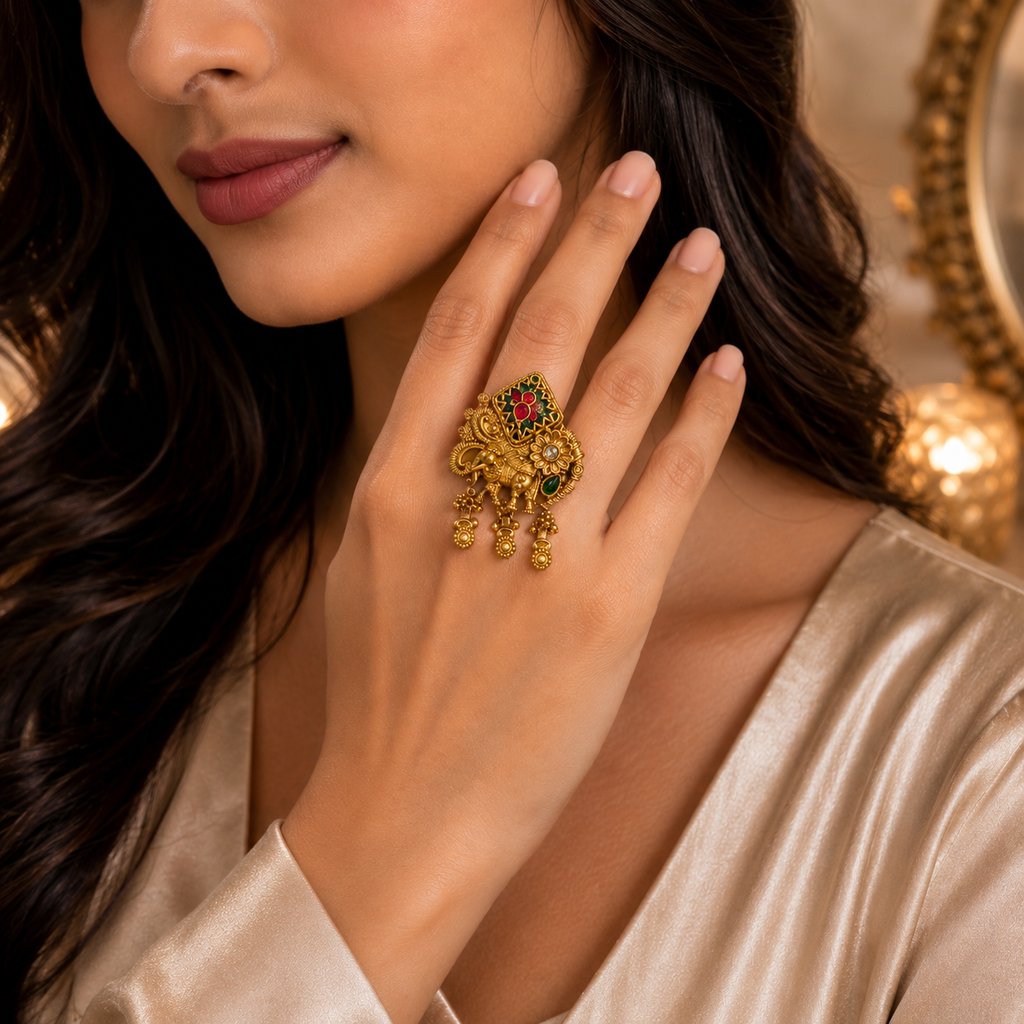Royal Elephant Emerald Statement Ring