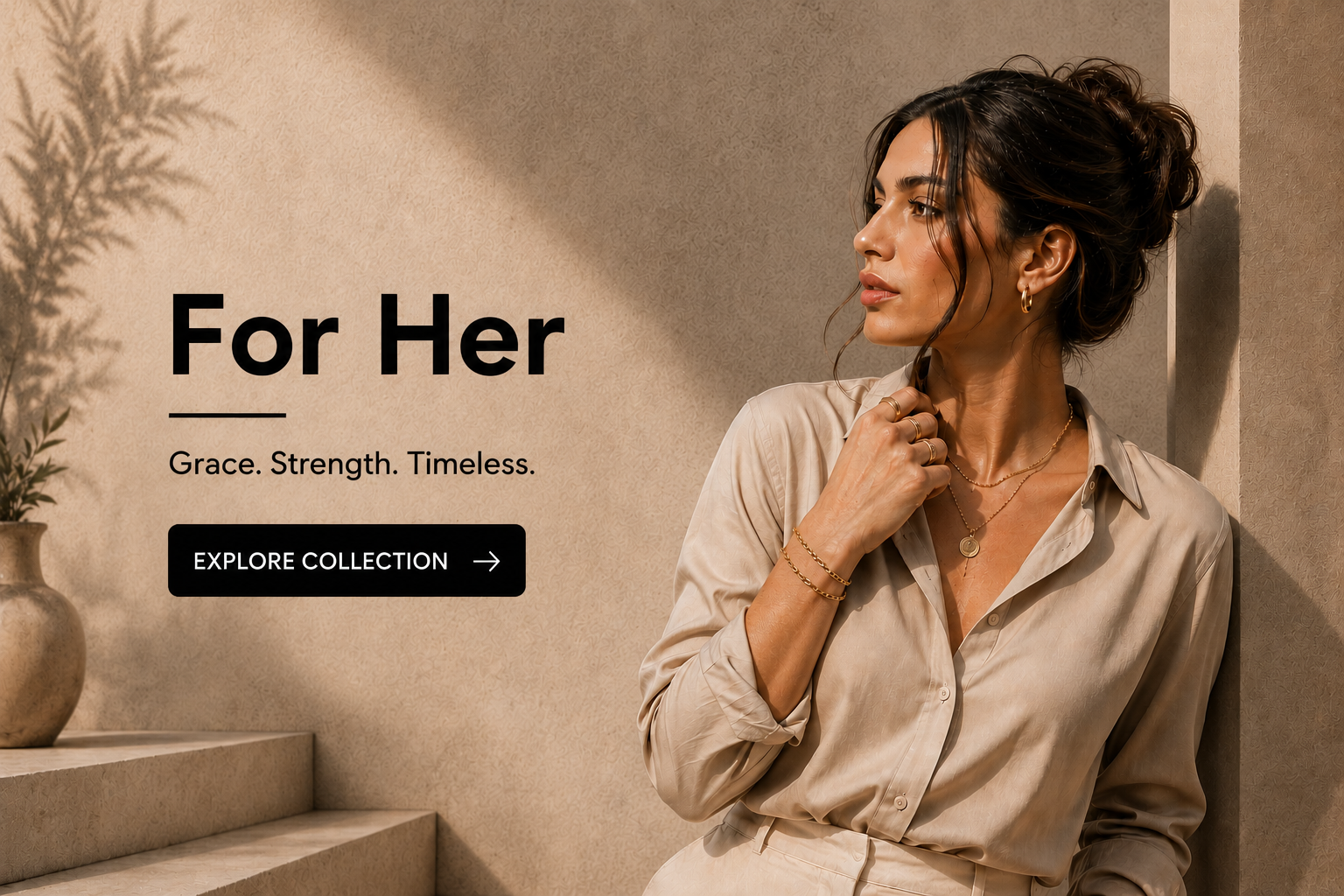 Woman in a beige shirt leaning against a wall with text 'For Her' and 'Explore Collection' button.