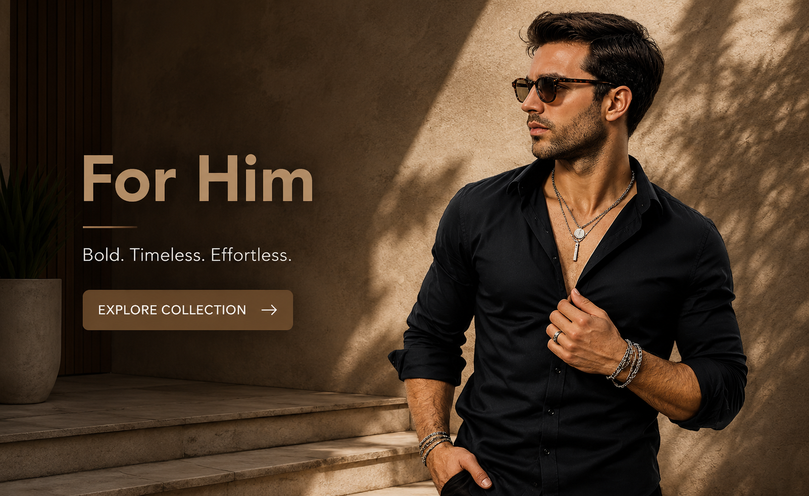 Man wearing sunglasses and a black shirt with text For Him and Explore Collection on a beige wall.