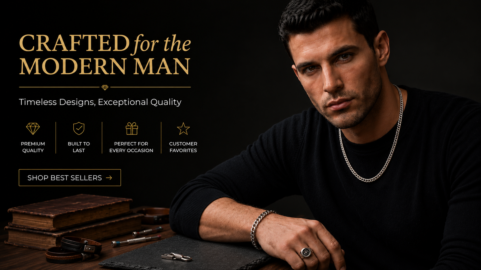 Man wearing a necklace with text about crafted jewelry for the modern man on a dark background
