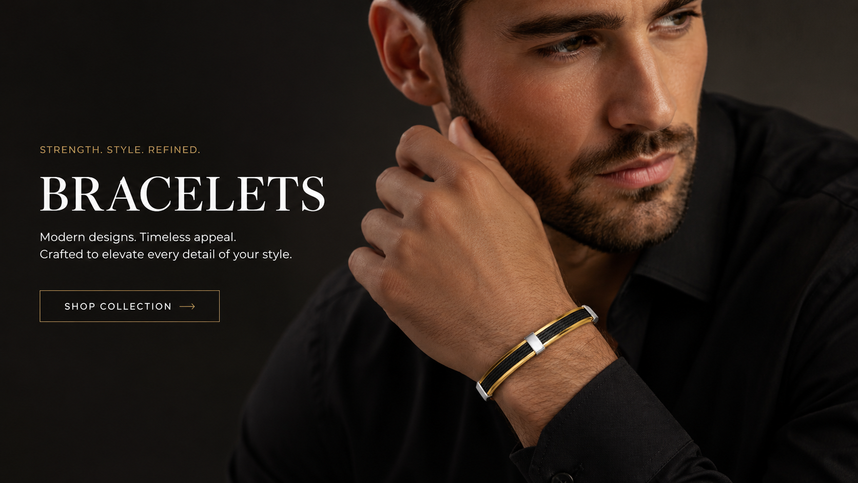 Man wearing a bracelet with text about bracelets on a dark background